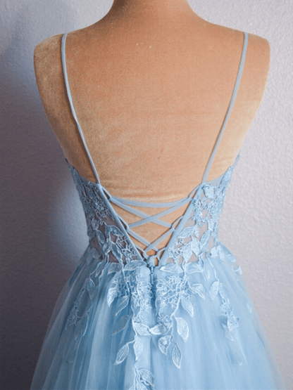 Sevoba|Light Blue V Neck Lace-Up Appliques Tulle Long Prom Dress