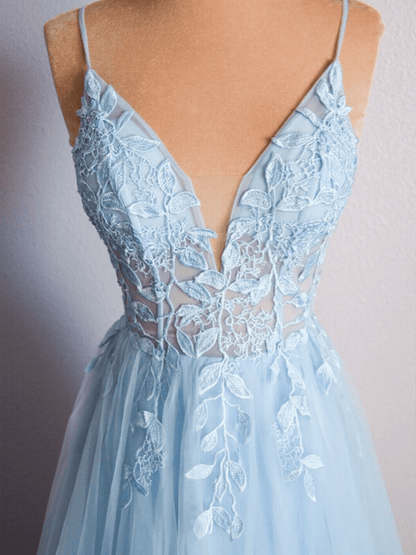 Cynthia | Light Blue V Neck Lace-Up Appliques Tulle Long Prom Dress