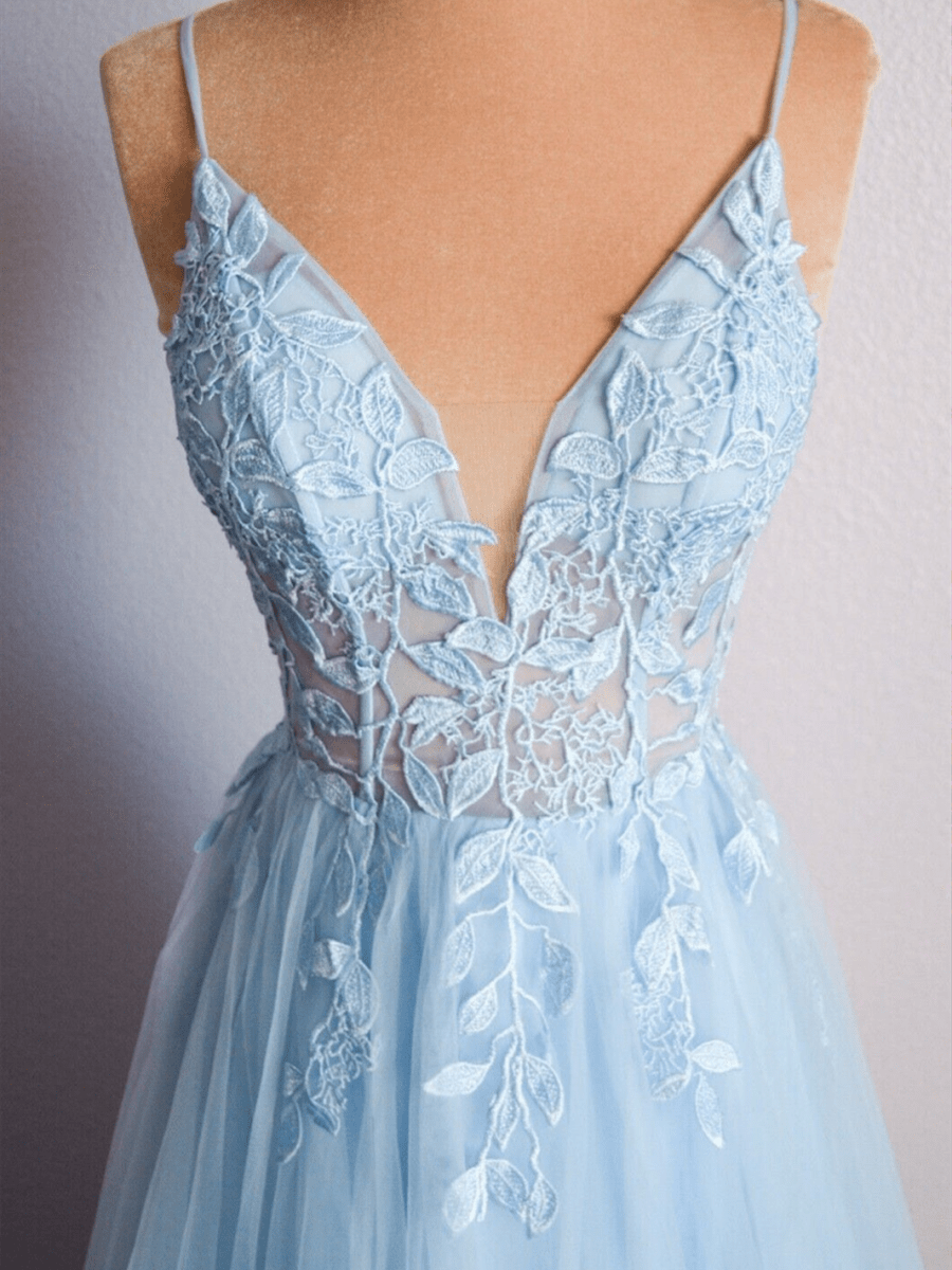 Sevoba|Light Blue V Neck Lace-Up Appliques Tulle Long Prom Dress