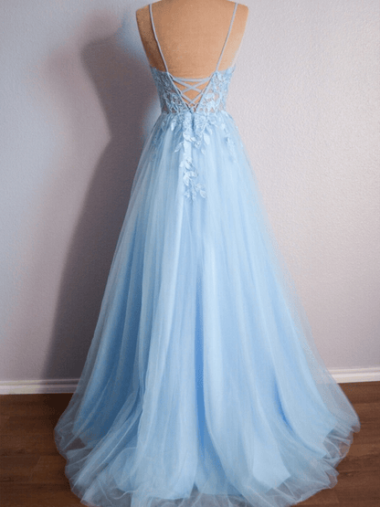 Cynthia | Light Blue V Neck Lace-Up Appliques Tulle Long Prom Dress