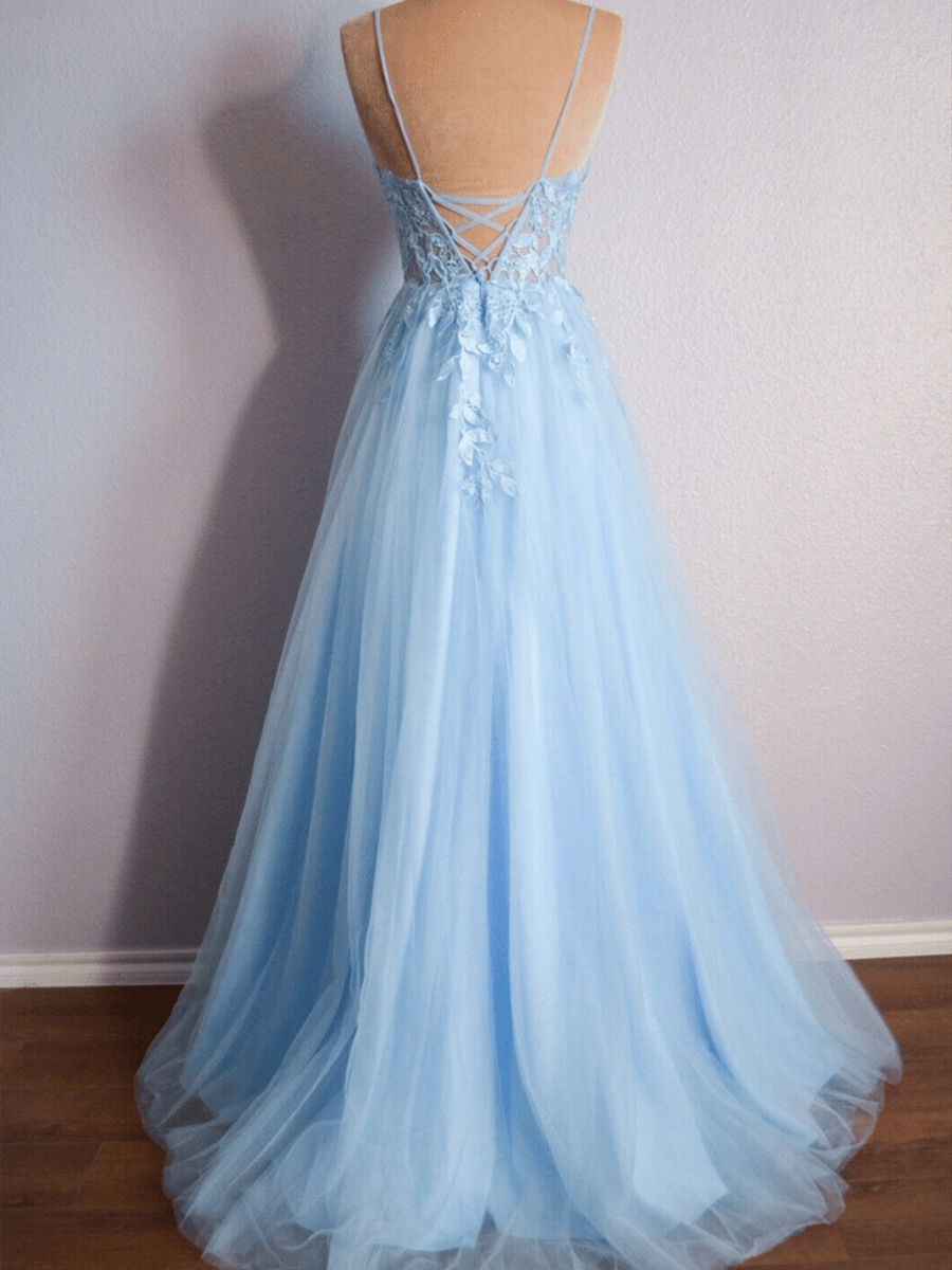 Sevoba|Light Blue V Neck Lace-Up Appliques Tulle Long Prom Dress