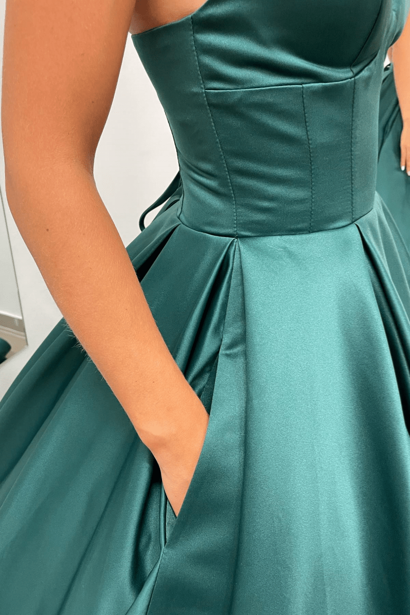 Nicole |A-line Hunter Green V-Neck Satin Long Prom Dress