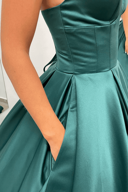 Nicole |A-line Hunter Green V-Neck Satin Long Prom Dress