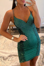 Scottie |Sheath V-Neck Beaded Satin Homecoming Dress with Appliques