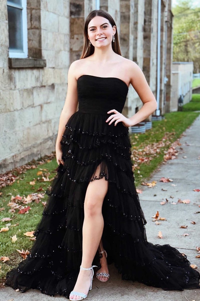 Sevoba|Light Blue Strapless Layered Tulle Prom Dress with Sequins
