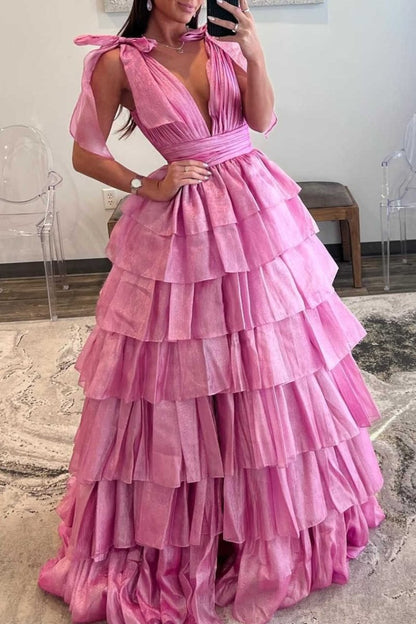 Glitter Tie Straps Pink Plunging Neck Tiered Long Prom Dress