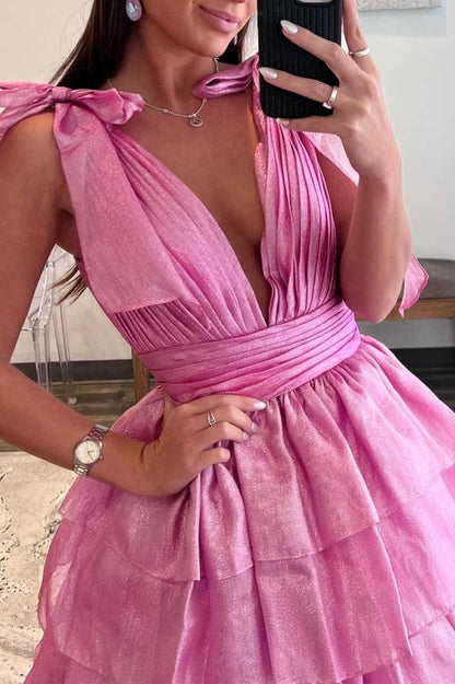 Glitter Tie Straps Pink Plunging Neck Tiered Long Prom Dress