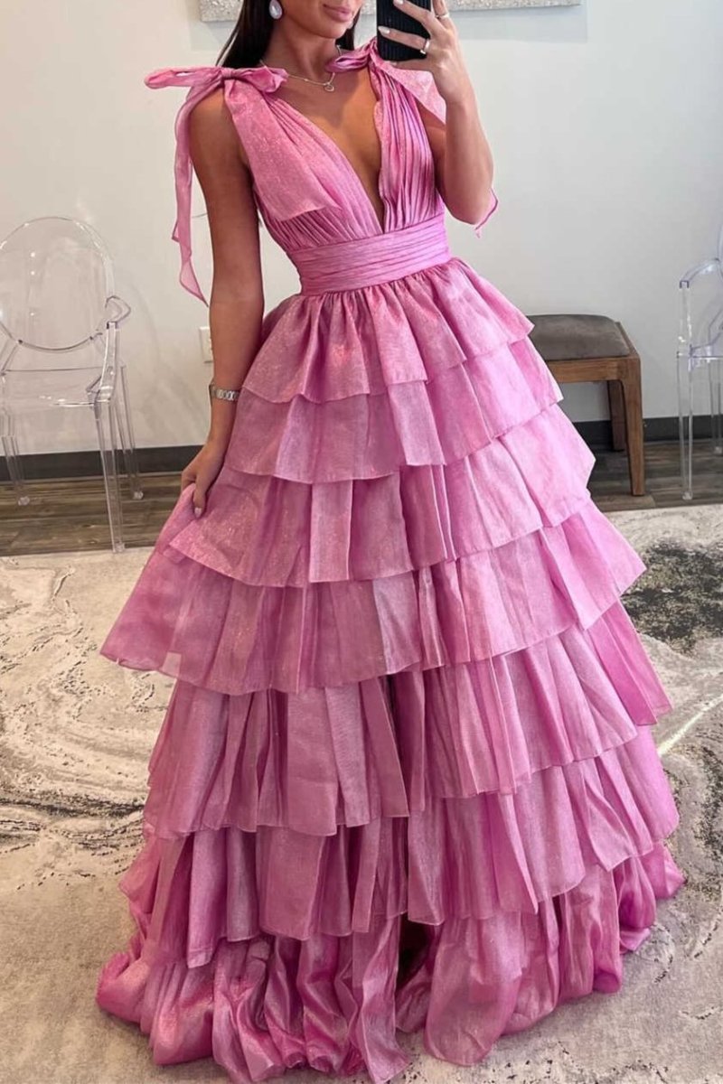 Glitter Tie Straps Pink Plunging Neck Tiered Long Prom Dress