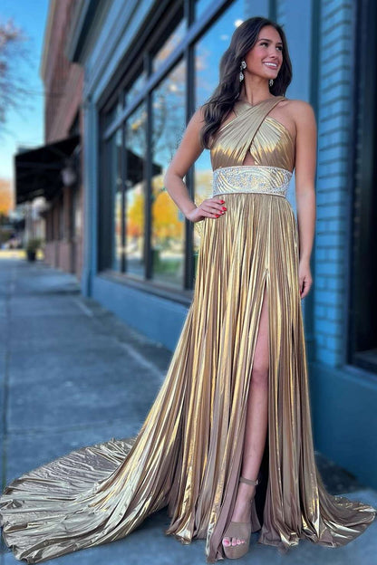 Sevoba|Pleated Criss Cross Straps Metallic Long Prom Dress