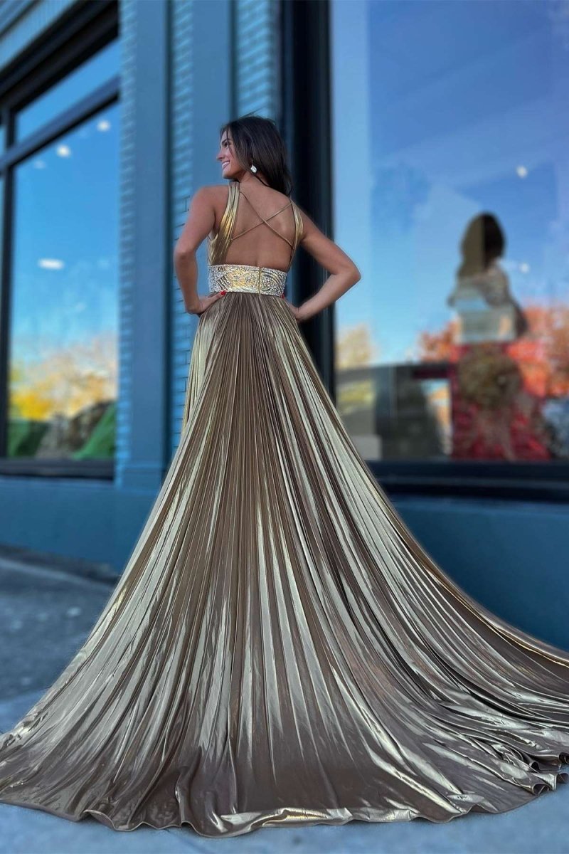 Sevoba|Pleated Criss Cross Straps Metallic Long Prom Dress