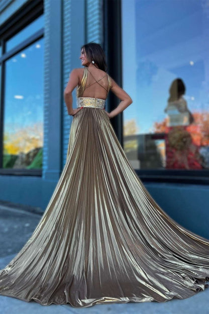 Sevoba|Pleated Criss Cross Straps Metallic Long Prom Dress