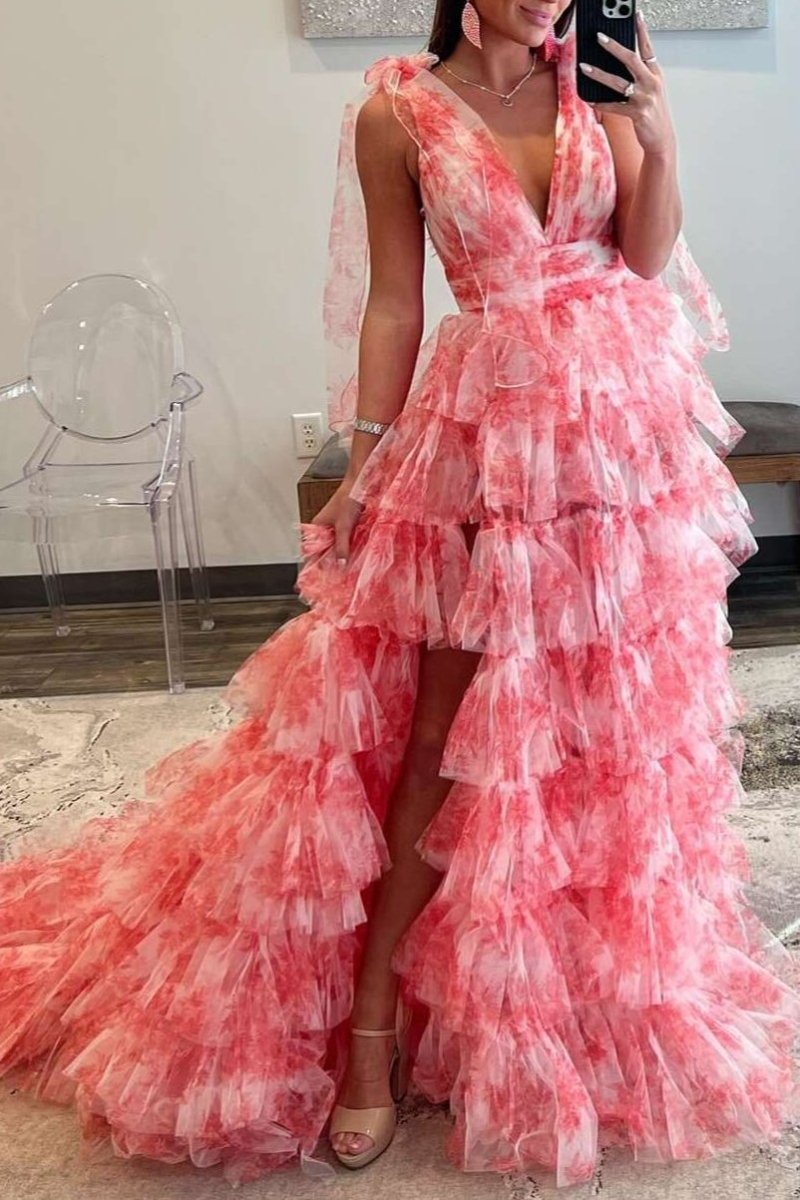 V-Neck Tie Straps Red Floral Print Layered Long Prom Dress