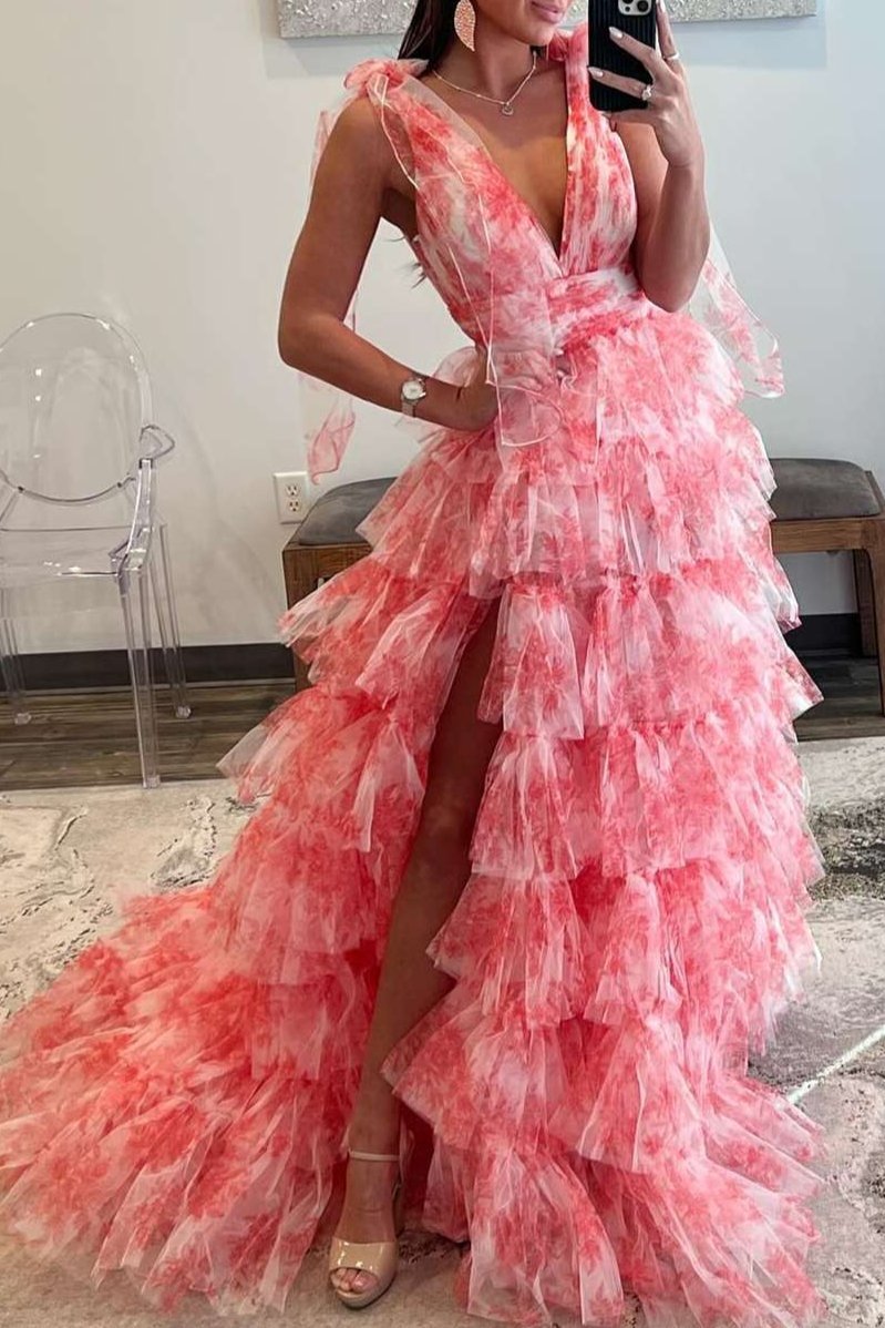 V-Neck Tie Straps Red Floral Print Layered Long Prom Dress