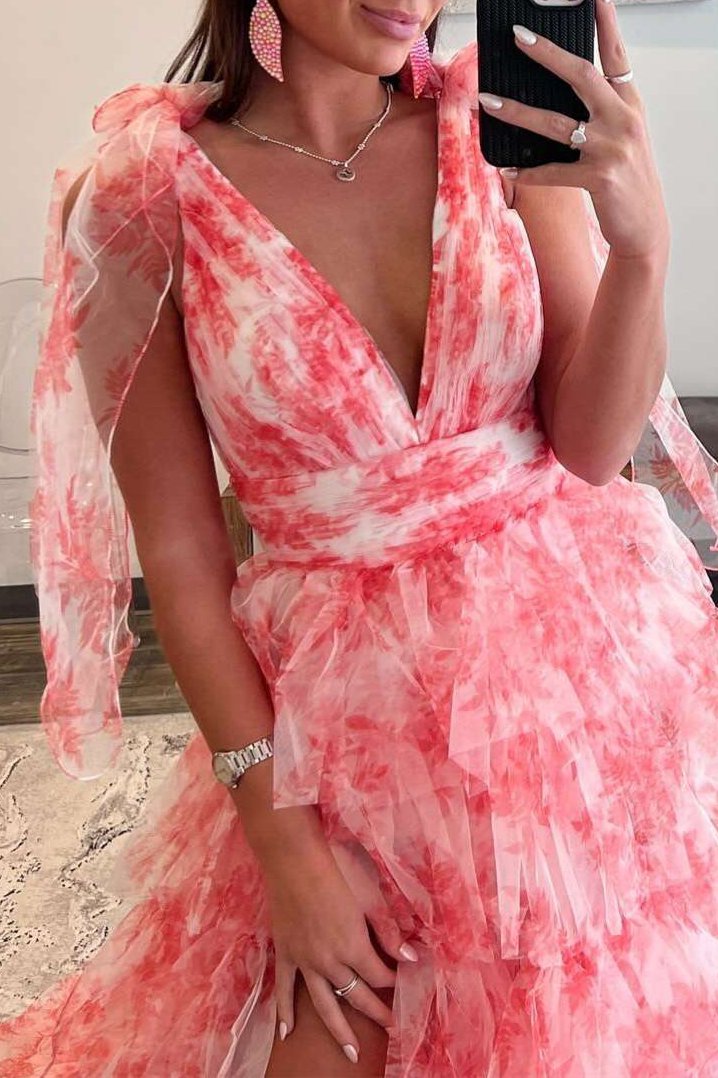 V-Neck Tie Straps Red Floral Print Layered Long Prom Dress