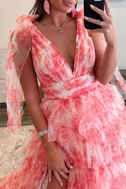 V-Neck Tie Straps Red Floral Print Layered Long Prom Dress