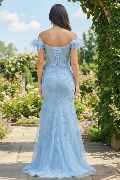 Feather Strap Off Shoulder Lace Corset Prom Dress with Slit | Sevoba