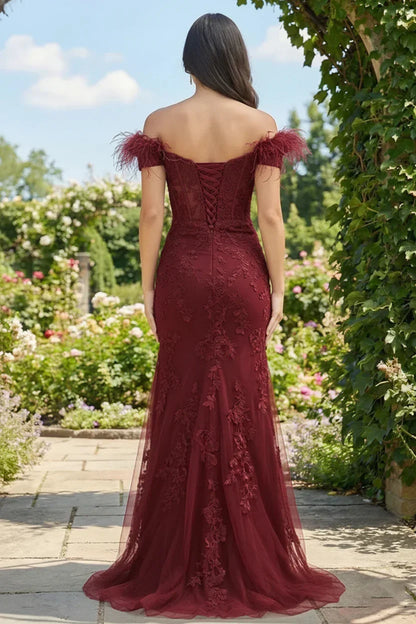 Feather Strap Off Shoulder Lace Corset Prom Dress with Slit | Sevoba