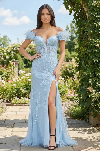 Feather Strap Off Shoulder Lace Corset Prom Dress with Slit | Sevoba