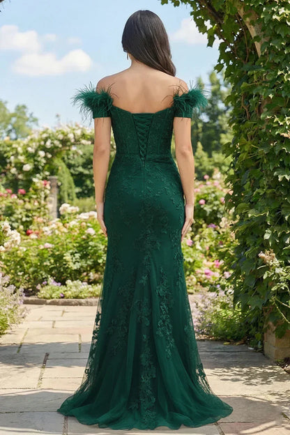 Feather Strap Off Shoulder Lace Corset Prom Dress with Slit | Sevoba