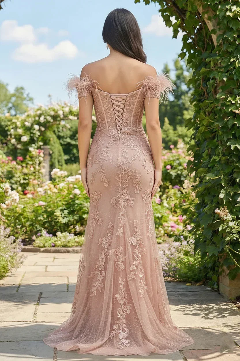 Feather Strap Off Shoulder Lace Corset Prom Dress with Slit | Sevoba