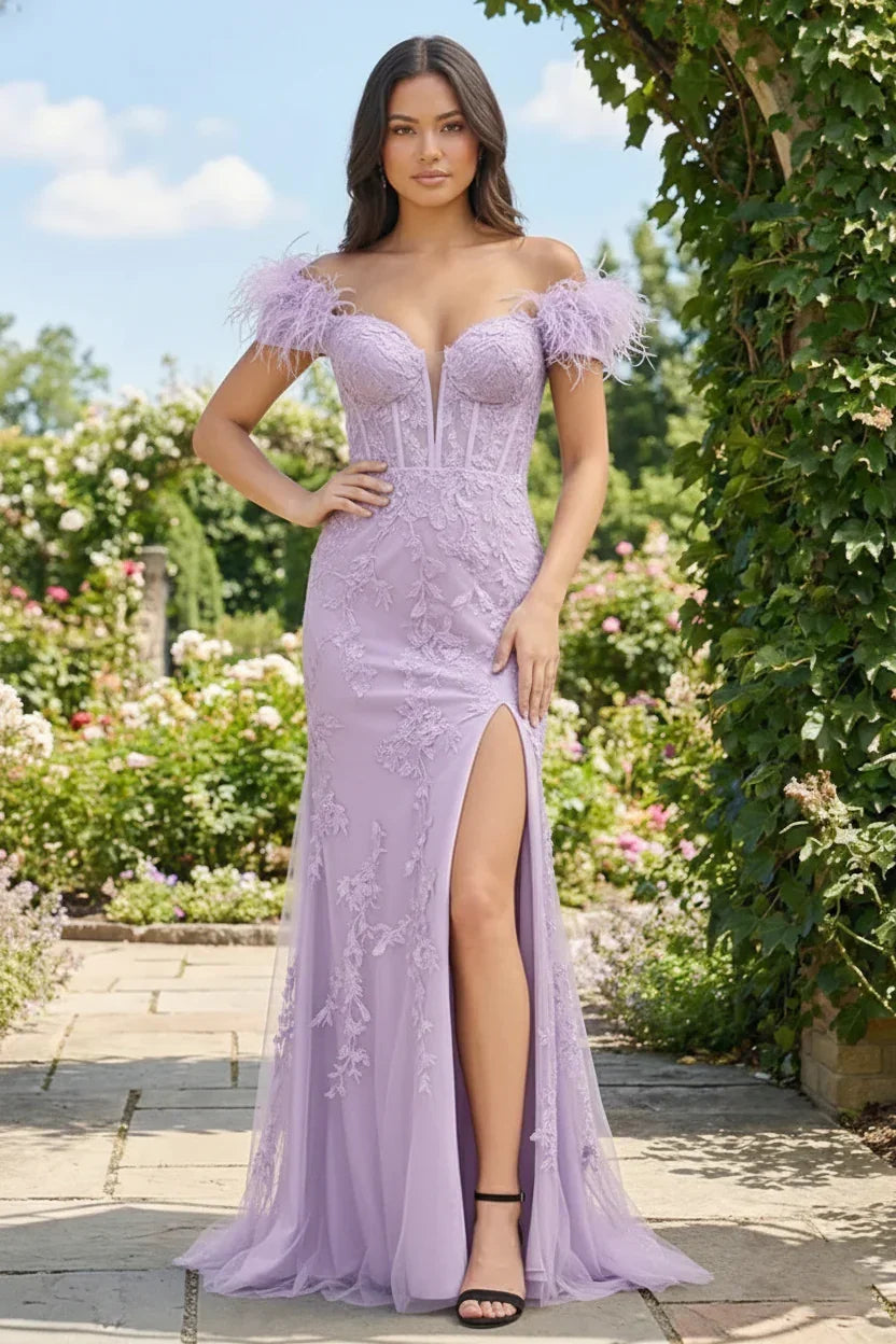 Feather Strap Off Shoulder Lace Corset Prom Dress with Slit | Sevoba
