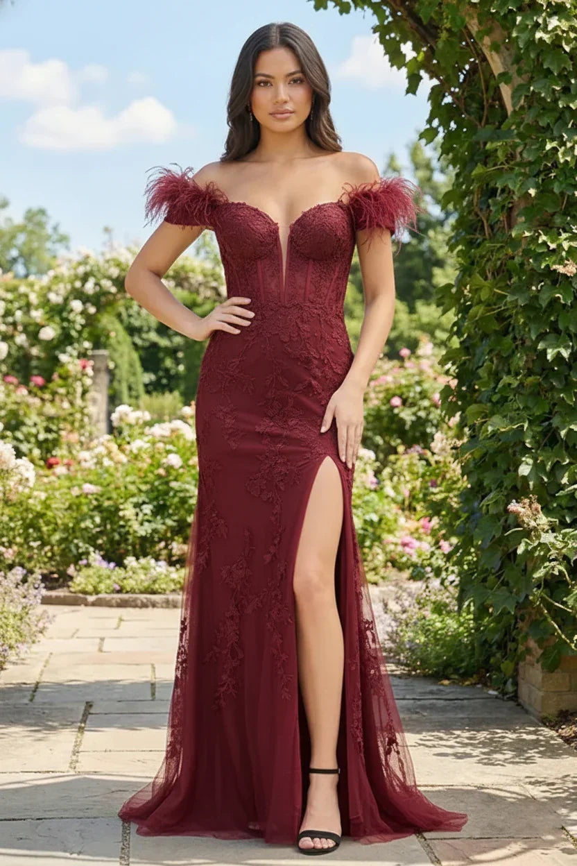 Feather Strap Off Shoulder Lace Corset Prom Dress with Slit | Sevoba