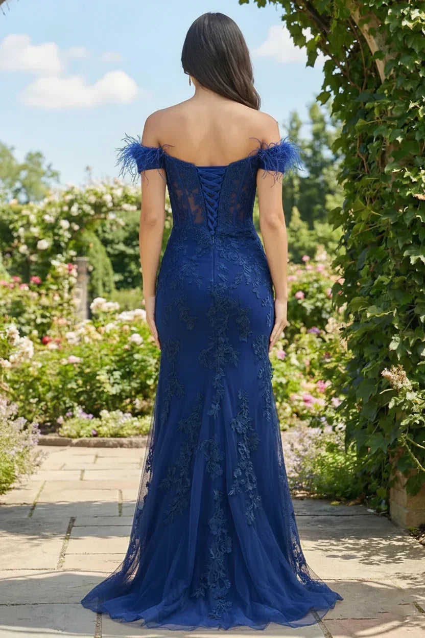 Feather Strap Off Shoulder Lace Corset Prom Dress with Slit | Sevoba