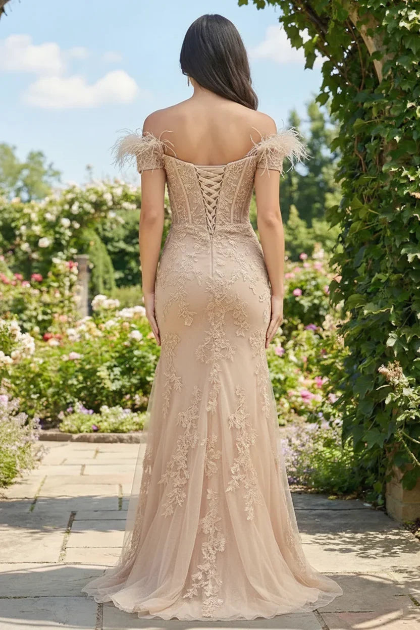 Feather Strap Off Shoulder Lace Corset Prom Dress with Slit | Sevoba