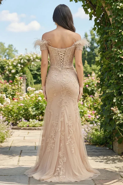 Feather Strap Off Shoulder Lace Corset Prom Dress with Slit | Sevoba