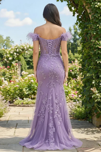 Feather Strap Off Shoulder Lace Corset Prom Dress with Slit | Sevoba