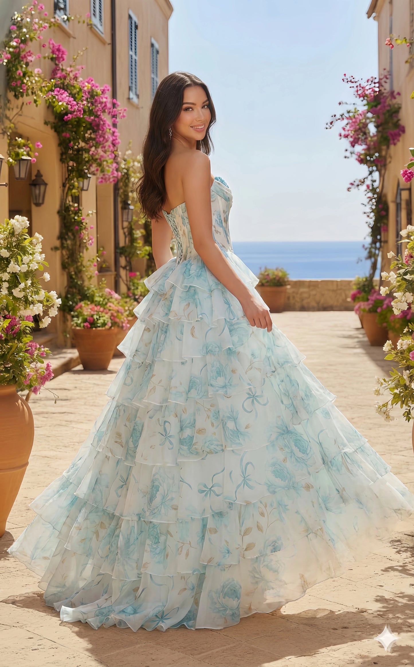 Floral Print Strapless Tiered Ruffle Corset Prom Dress with Slit | Sevoba