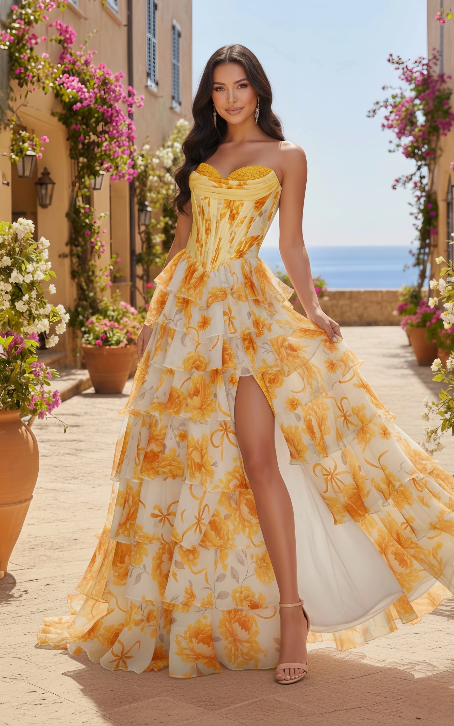 Floral Print Strapless Tiered Ruffle Corset Prom Dress with Slit | Sevoba