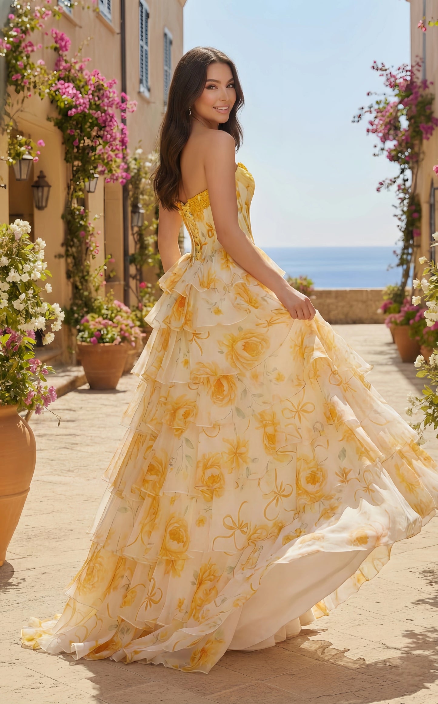 Floral Print Strapless Tiered Ruffle Corset Prom Dress with Slit | Sevoba