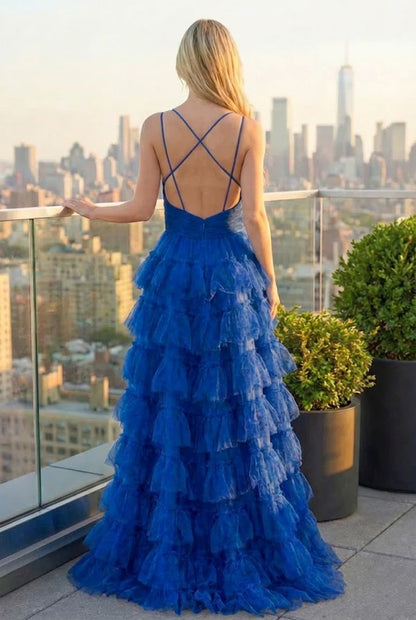 Floral Print Tiered Ruffle Tulle Prom Dress with Crisscross Back | Sevoba