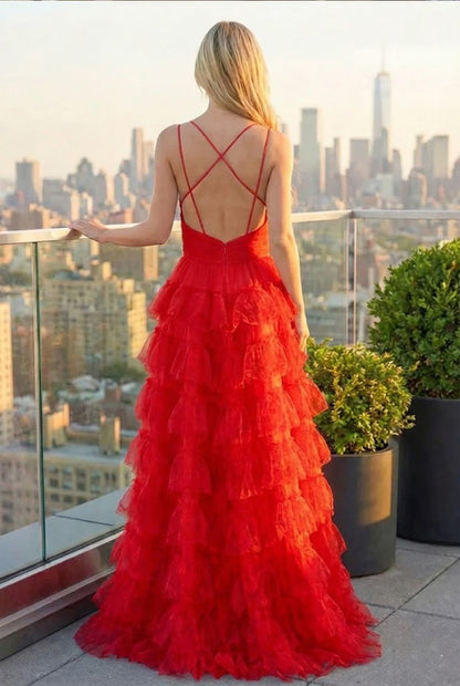Floral Print Tiered Ruffle Tulle Prom Dress with Crisscross Back | Sevoba