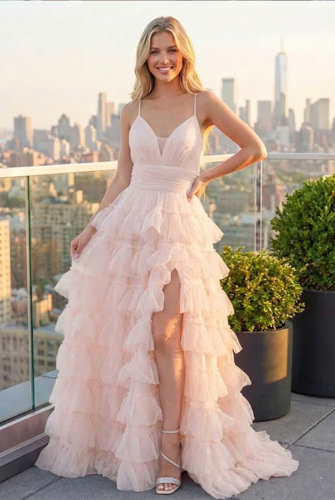 Floral Print Tiered Ruffle Tulle Prom Dress with Crisscross Back | Sevoba
