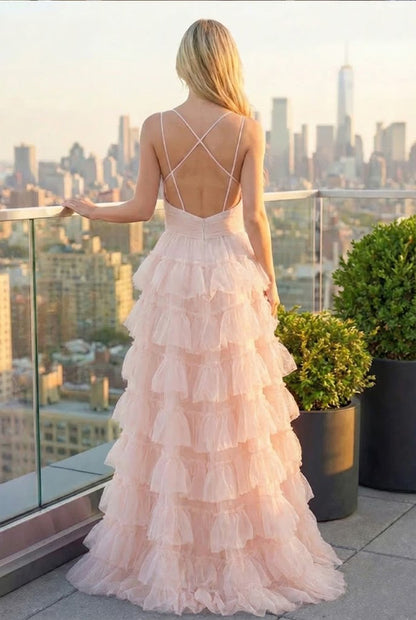 Floral Print Tiered Ruffle Tulle Prom Dress with Crisscross Back | Sevoba