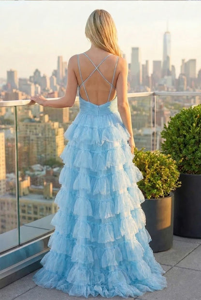 Floral Print Tiered Ruffle Tulle Prom Dress with Crisscross Back | Sevoba