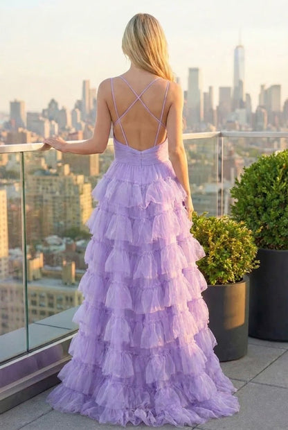 Floral Print Tiered Ruffle Tulle Prom Dress with Crisscross Back | Sevoba