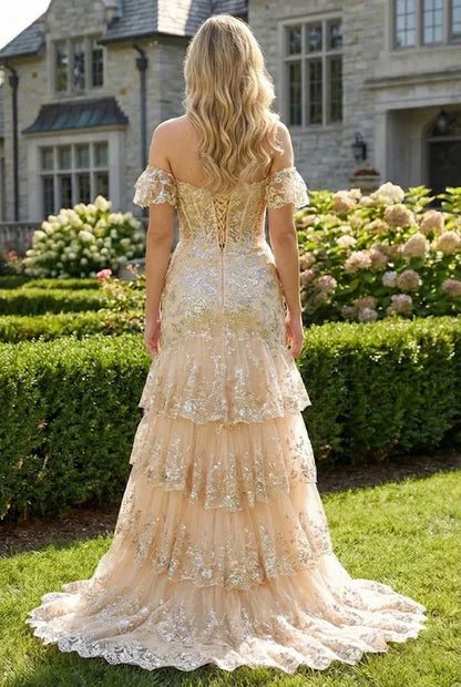 Floral Sequin Corset Off the Shoulder Sheath Prom Dress | Sevoba