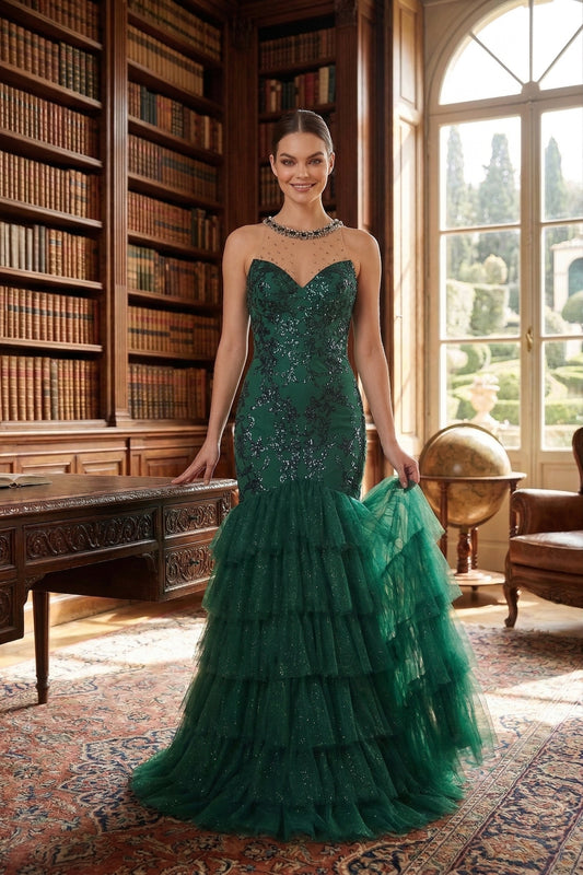 Illusion Neck Beaded Lace Mermaid Prom Dress with Tiered Tulle Skirt | Sevoba