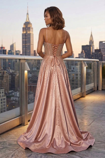 Spaghetti Strap Sheer Beaded Corset A-Line Prom Dress with Lace-Up Back & High Slit | Sevoba