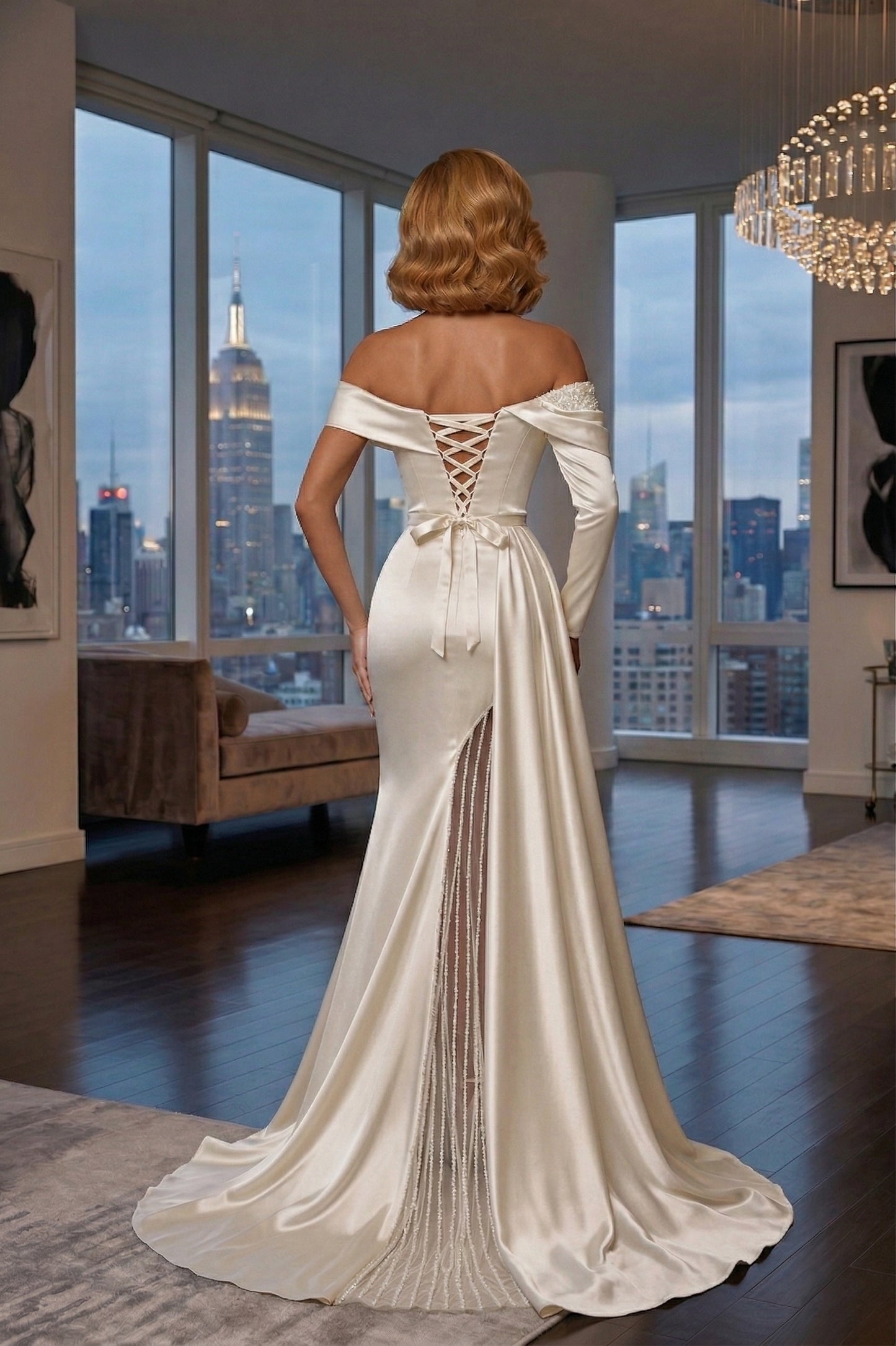 Off-the-Shoulder Long Sleeve Satin Mermaid Prom Dress with Beaded Slit | Sevoba