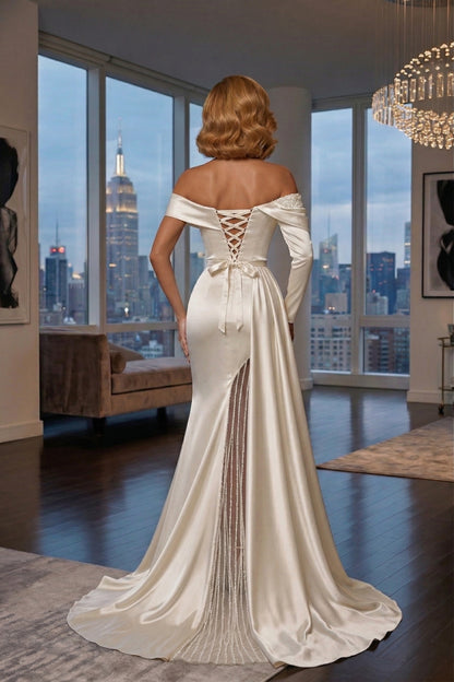 Off-the-Shoulder Long Sleeve Satin Mermaid Prom Dress with Beaded Slit | Sevoba