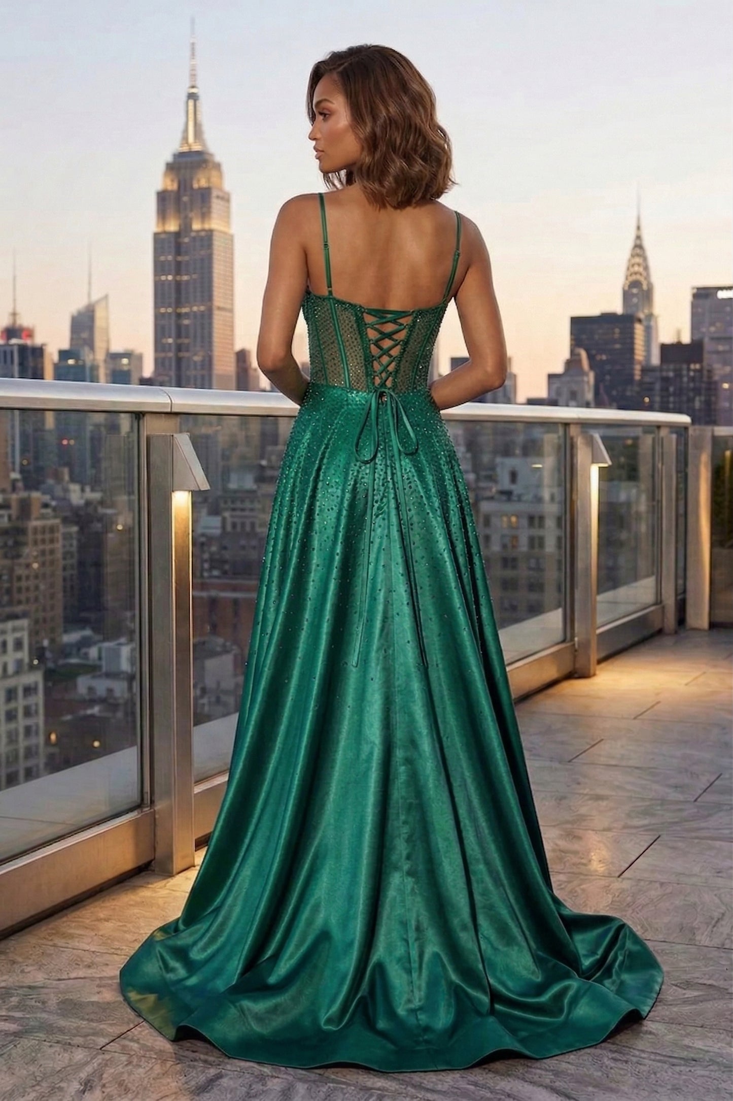 Spaghetti Strap Sheer Beaded Corset A-Line Prom Dress with Lace-Up Back & High Slit | Sevoba