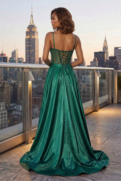 Spaghetti Strap Sheer Beaded Corset A-Line Prom Dress with Lace-Up Back & High Slit | Sevoba