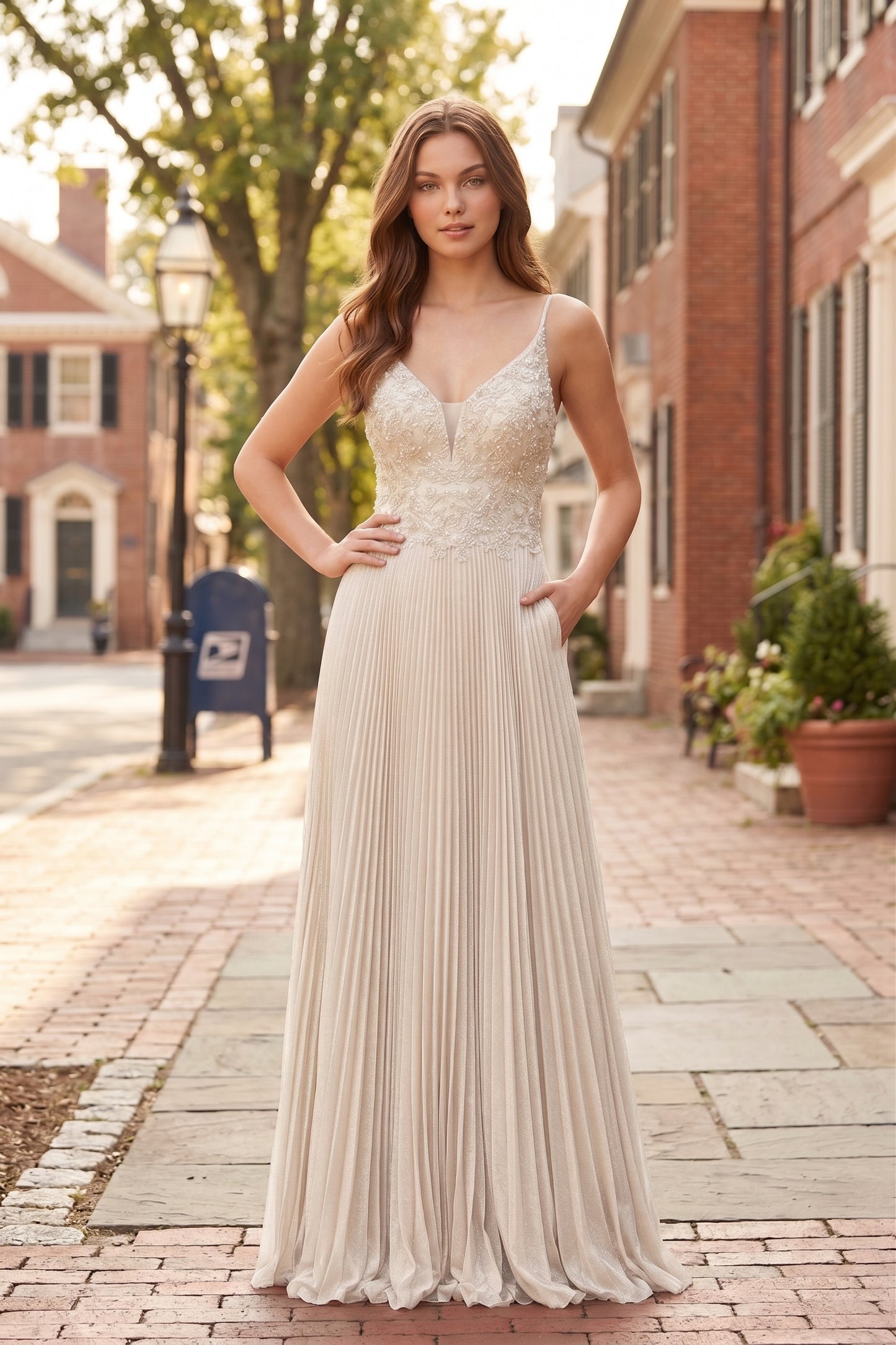 V Neck Applique Lace Pleated A-Line Prom Dress with Lace-Up Back | Sevoba