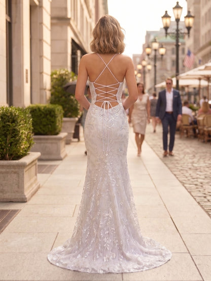 Spaghetti Strap Square Neck Embellished Lace Mermaid Prom Dress with Lace-Up Back | Sevoba