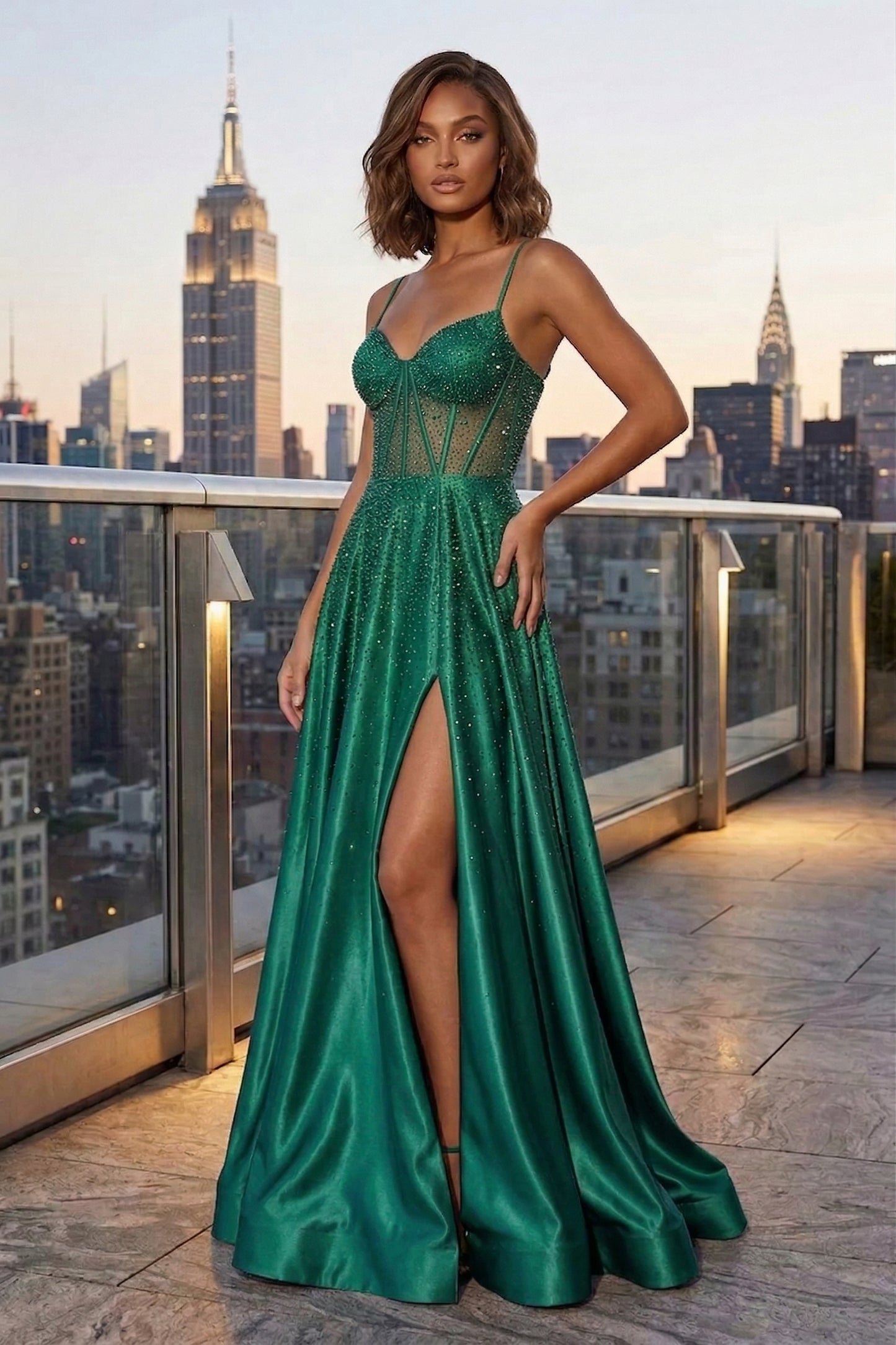Spaghetti Strap Sheer Beaded Corset A-Line Prom Dress with Lace-Up Back & High Slit | Sevoba