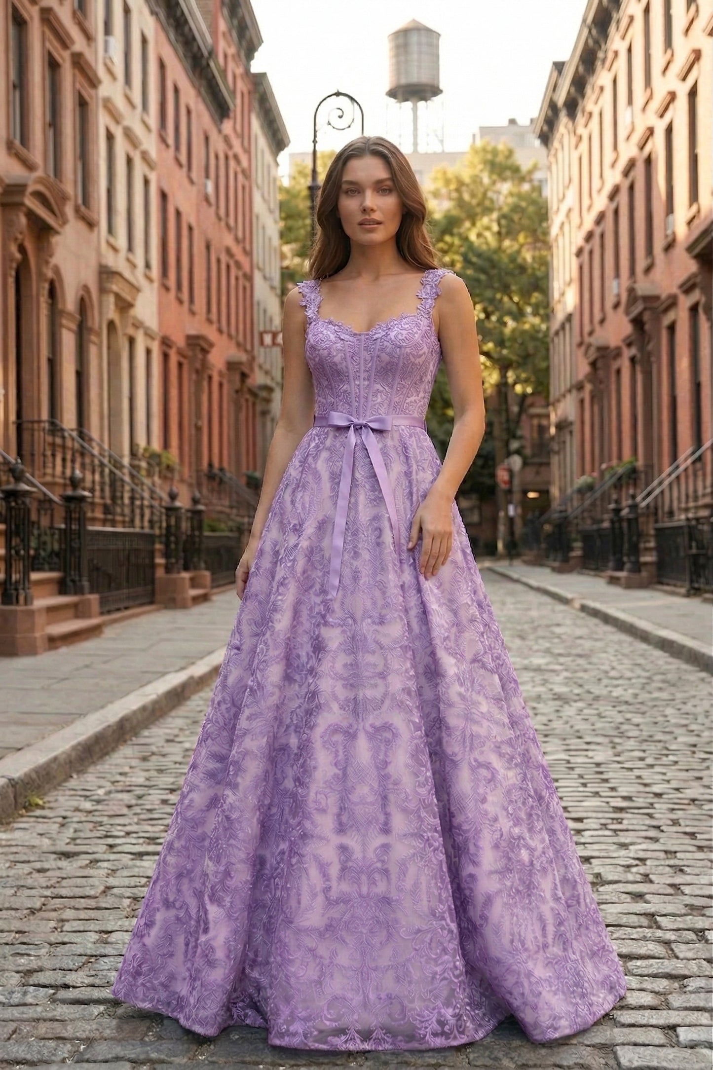 Square Neck Lace Corset A-Line Prom Dress with Satin Bow & Lace-Up Back | Sevoba